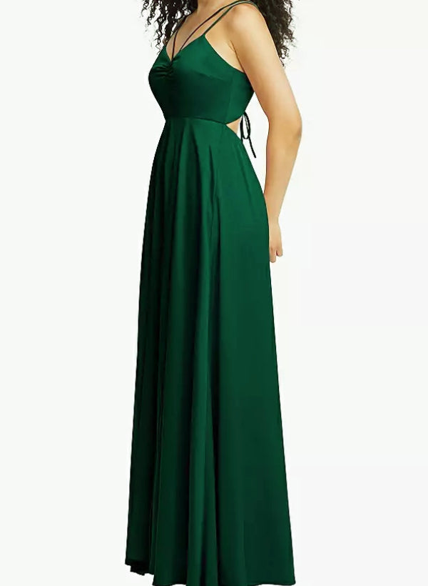 A-Line V-Neck Sleeveless Satin Floor-Length Bridesmaid Dress With Split Front