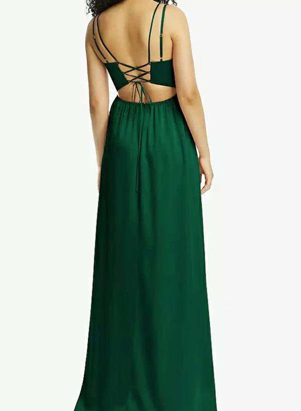 A-Line V-Neck Sleeveless Satin Floor-Length Bridesmaid Dress With Split Front