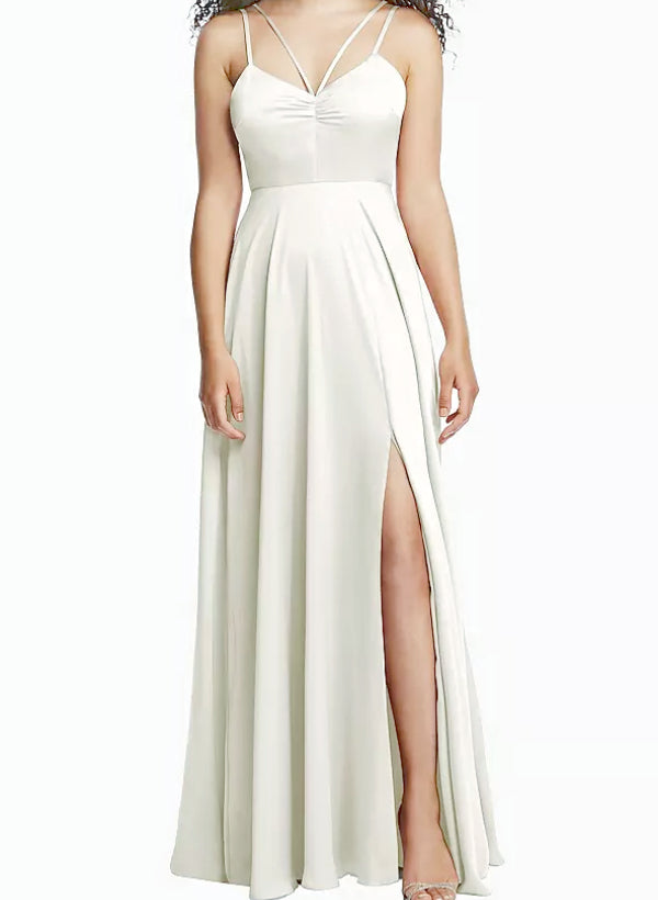 A-Line V-Neck Sleeveless Satin Floor-Length Bridesmaid Dress With Split Front