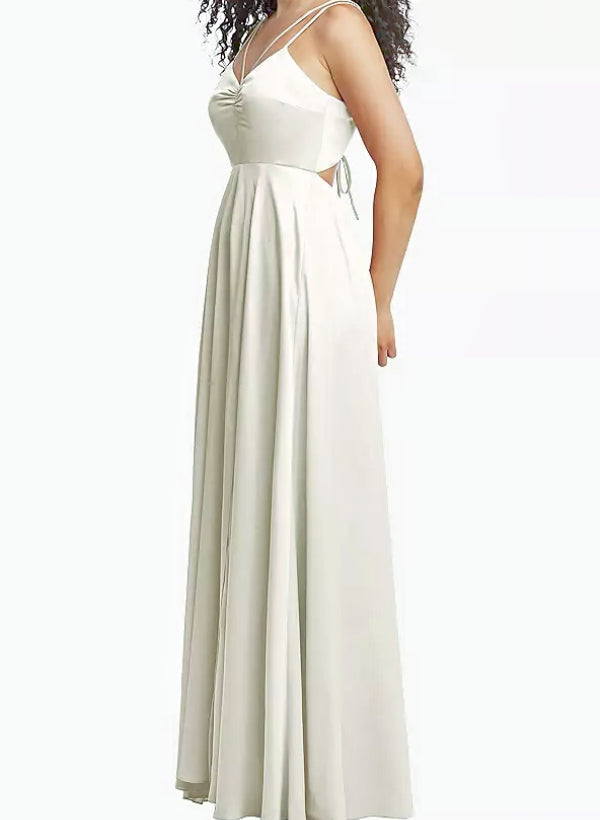 A-Line V-Neck Sleeveless Satin Floor-Length Bridesmaid Dress With Split Front