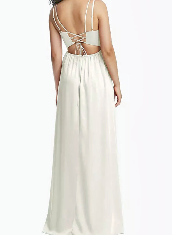 A-Line V-Neck Sleeveless Satin Floor-Length Bridesmaid Dress With Split Front