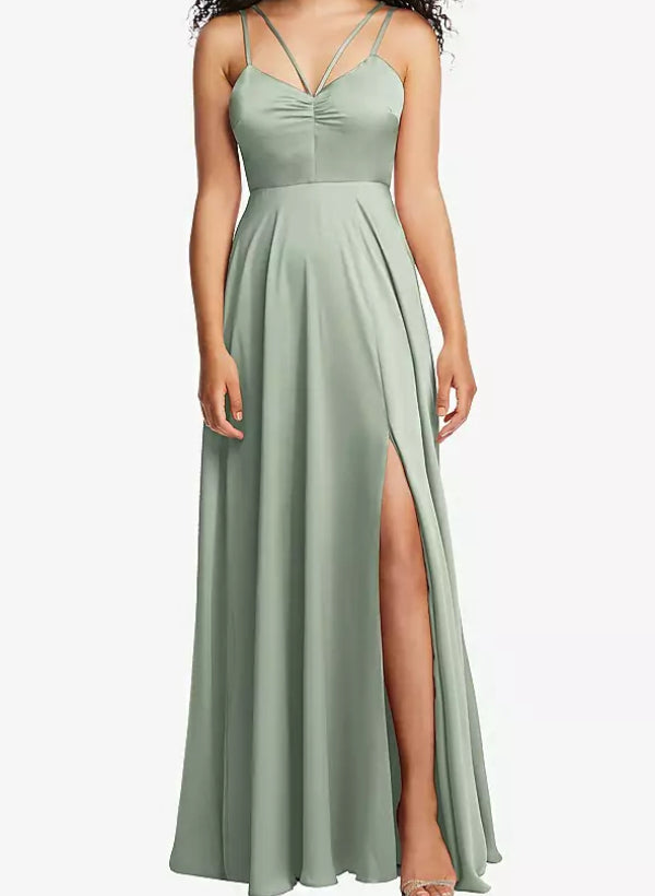 A-Line V-Neck Sleeveless Satin Floor-Length Bridesmaid Dress With Split Front