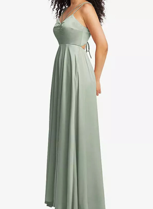 A-Line V-Neck Sleeveless Satin Floor-Length Bridesmaid Dress With Split Front