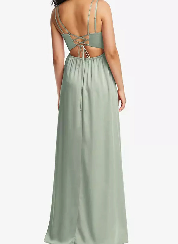 A-Line V-Neck Sleeveless Satin Floor-Length Bridesmaid Dress With Split Front