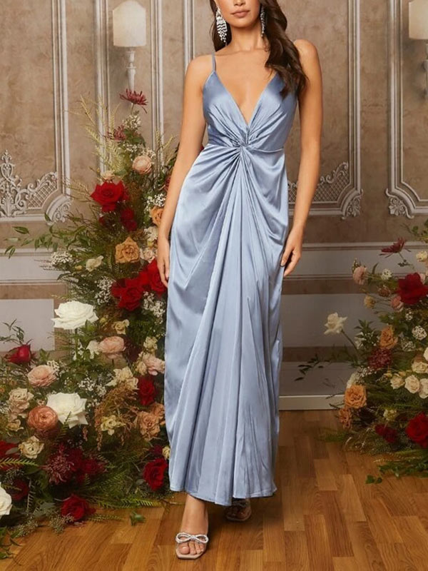 V-Neck Floor-Length Silk Like Satin Bridesmaid Dress