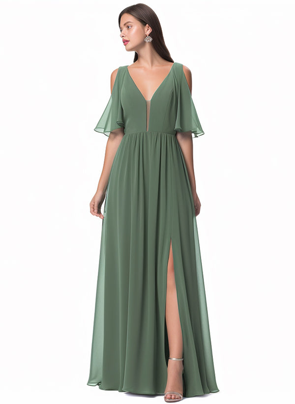 A-Line V-neck Bridesmaid Dress With Front Split
