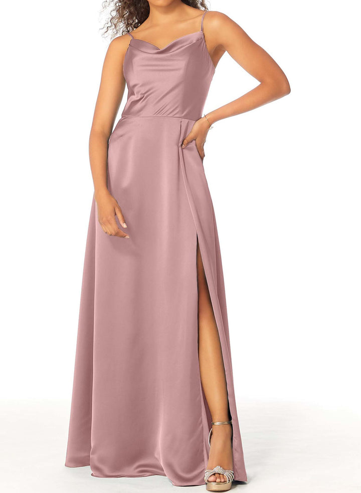 Satin Bridesmaid Dresses With A-Line Cowl Neck