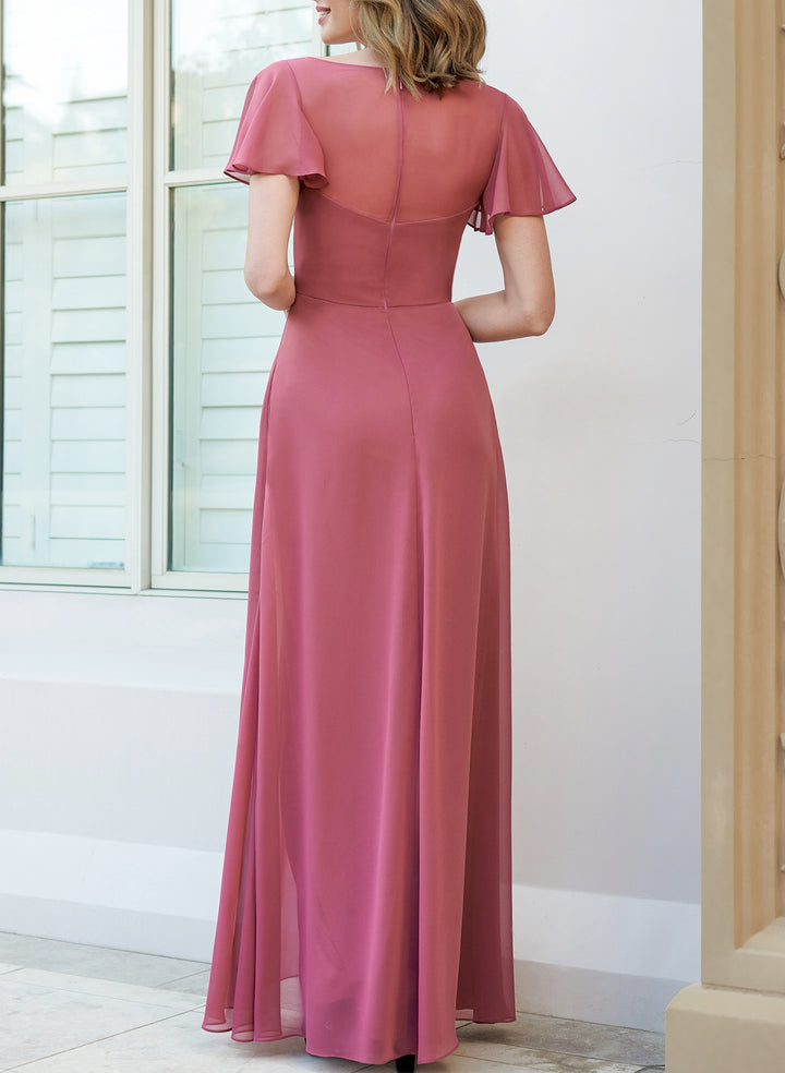 Chiffon Bridesmaid Dresses with Square Neckline and Short Sleeves