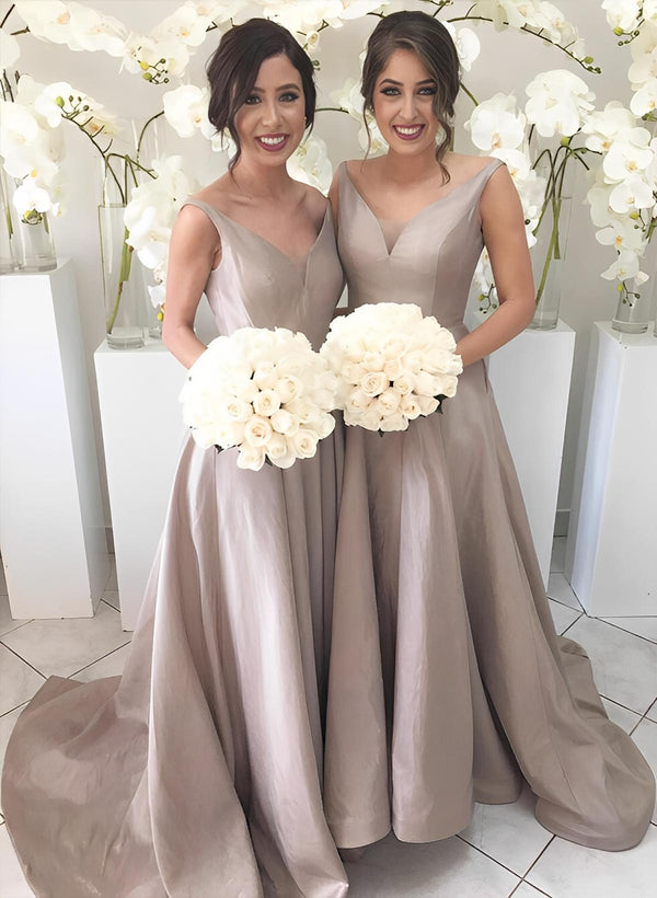 A-Line/Princess V-Neck Charmeuse Sweep Train Bridesmaid Dresses With Pleated