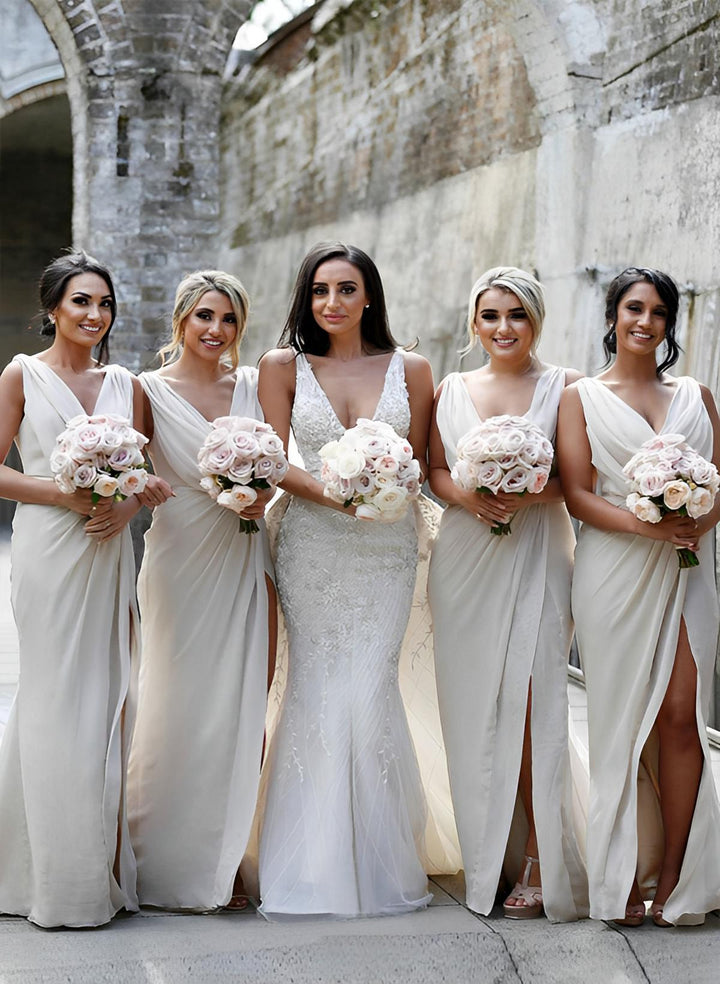 Cowl Neck Sleeveless Chiffon Bridesmaid Dresses With Front Split