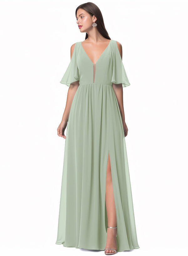 A-Line V-neck Bridesmaid Dress With Front Split