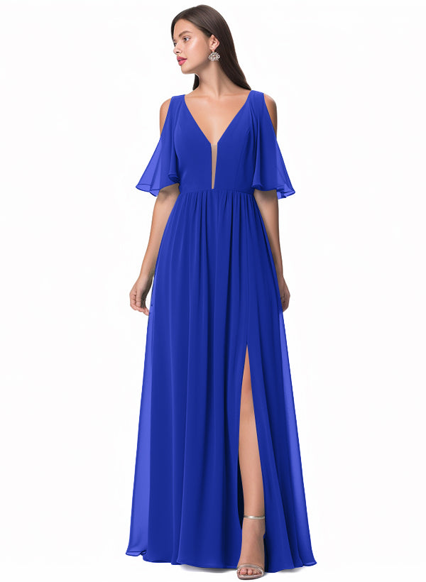 A-Line V-neck Bridesmaid Dress With Front Split