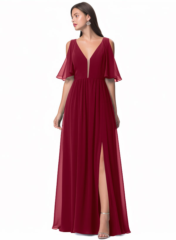 A-Line V-neck Bridesmaid Dress With Front Split
