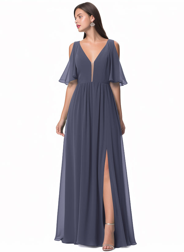 A-Line V-neck Bridesmaid Dress With Front Split