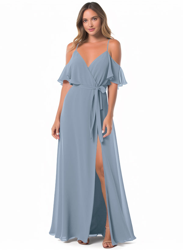 Off-The-Shoulder A-Line Bridesmaid Dresses with Short Sleeves and Split Front in Chiffon