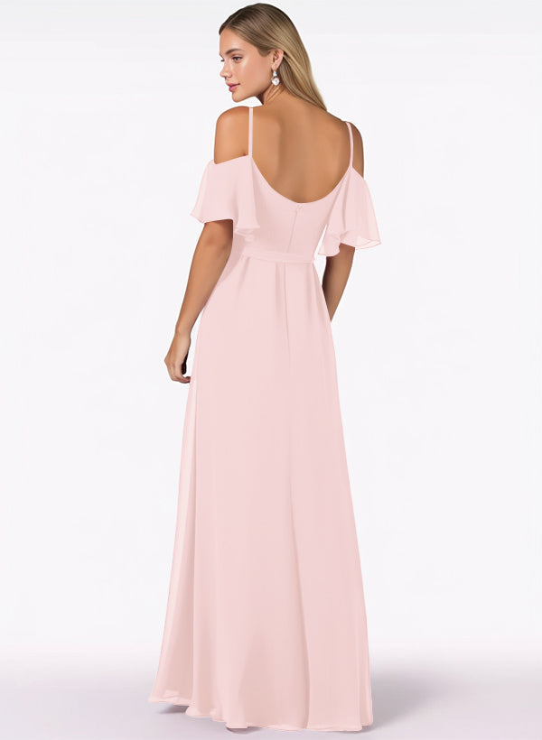 Off-The-Shoulder A-Line Bridesmaid Dresses with Short Sleeves and Split Front in Chiffon