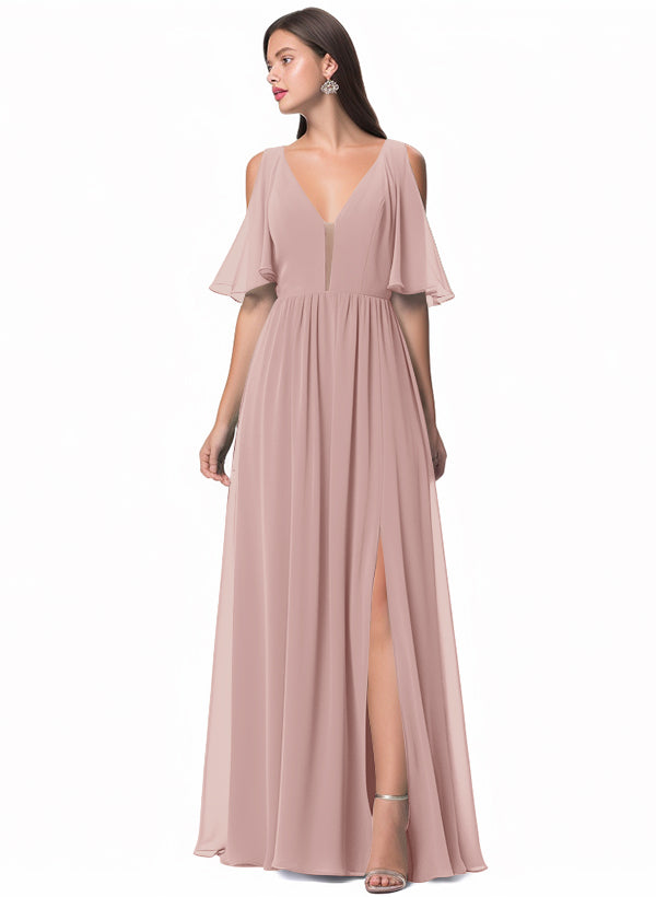 A-Line V-neck Bridesmaid Dress With Front Split