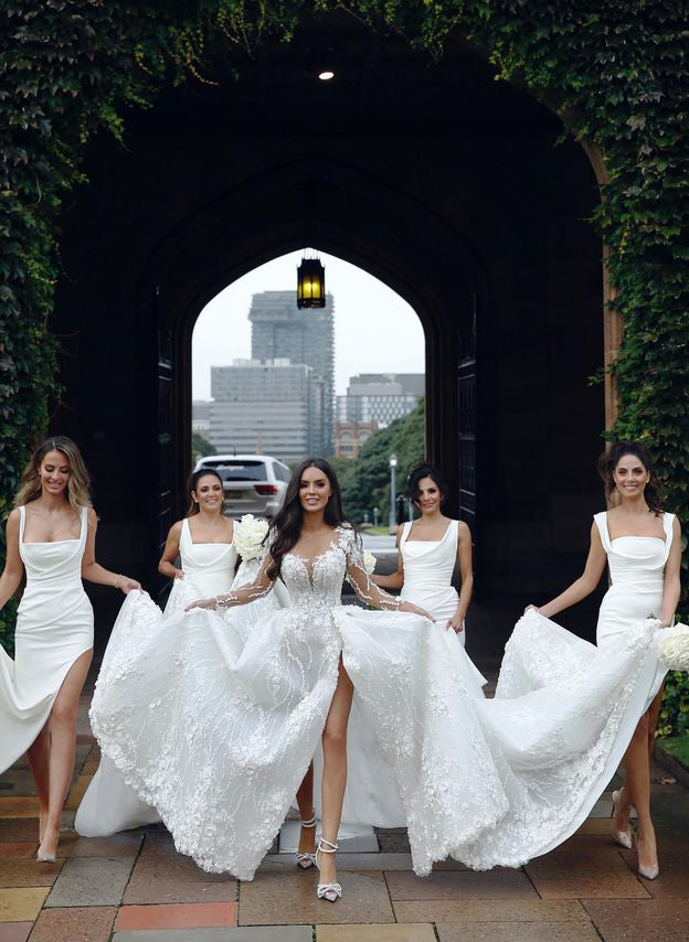 Ivory Sheath Column Slit Bridesmaid Dresses