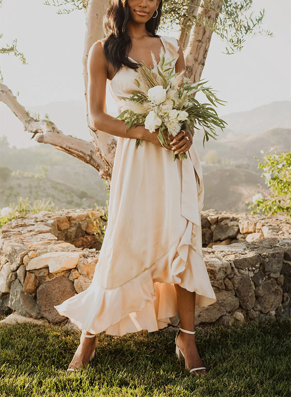 A-Line V-neck Sleeveless Ankle-Length Bridesmaid Dresses With Split Front in Silk-like Satin