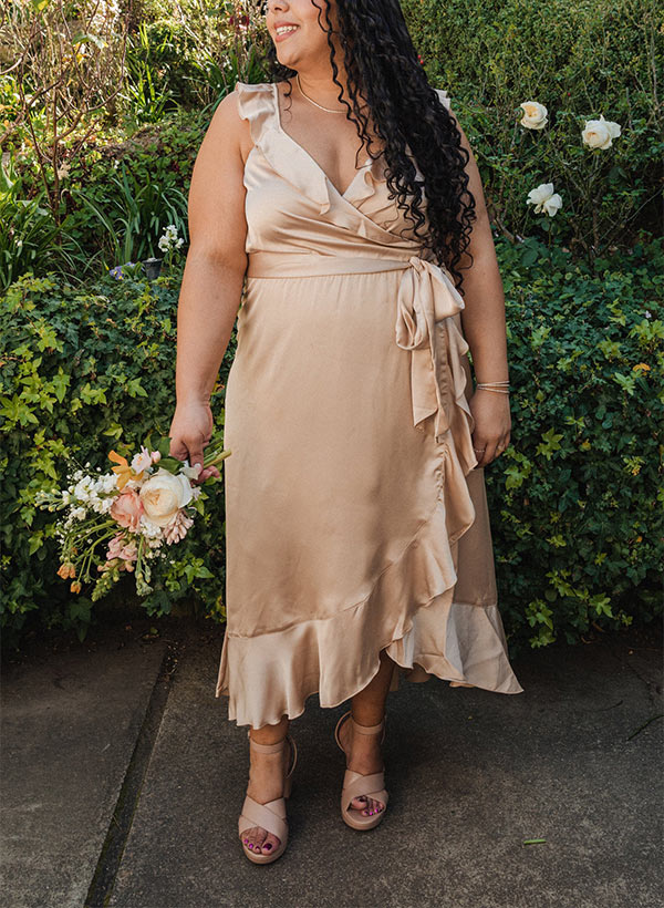 A-Line V-neck Sleeveless Ankle-Length Bridesmaid Dresses With Split Front in Silk-like Satin