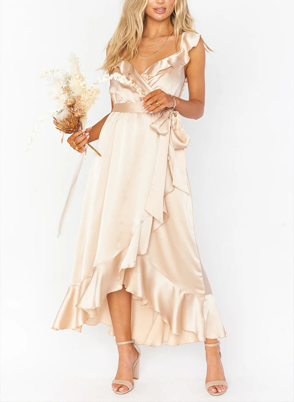 A-Line V-neck Sleeveless Ankle-Length Bridesmaid Dresses With Split Front in Silk-like Satin