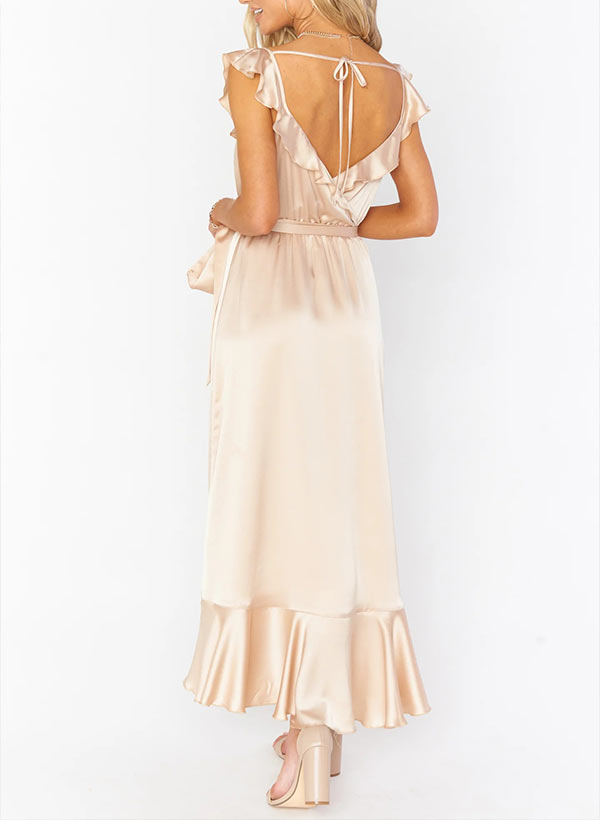 A-Line V-neck Sleeveless Ankle-Length Bridesmaid Dresses With Split Front in Silk-like Satin