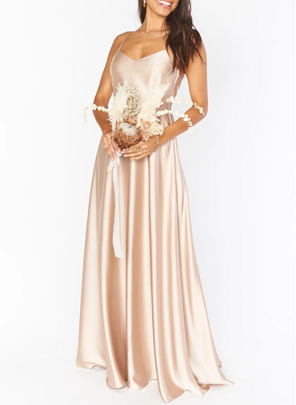 A-Line V-neck Sleeveless Floor-Length Satin Bridesmaid Dresses
