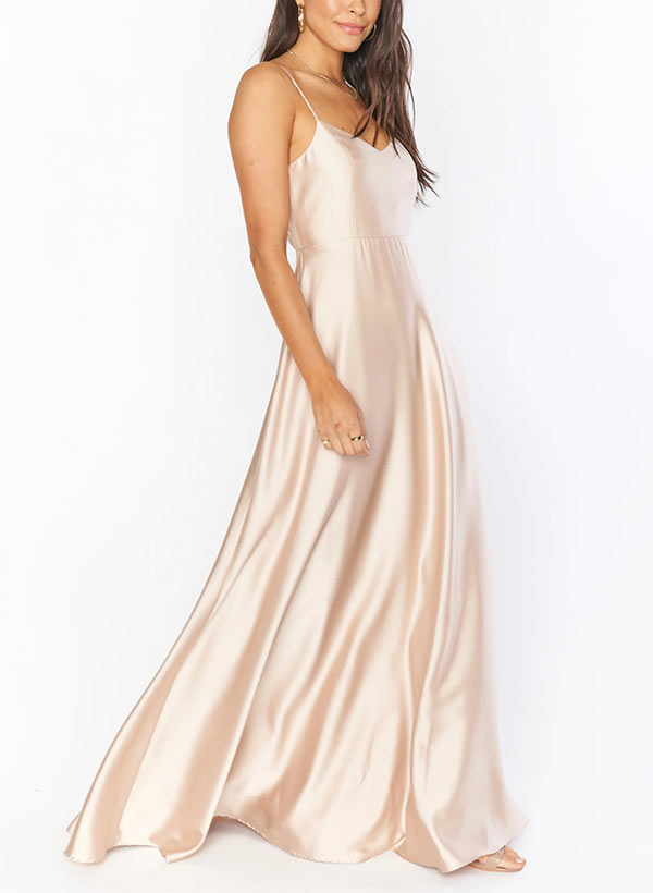 A-Line V-neck Sleeveless Floor-Length Satin Bridesmaid Dresses