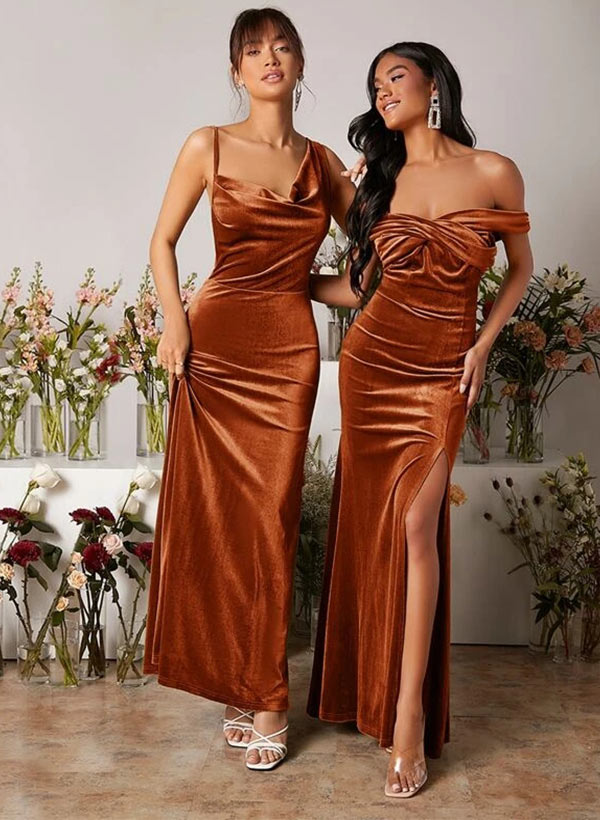 Velvet Bridesmaid Dresses with Sheath Cowl Neck and Sleeveless Design