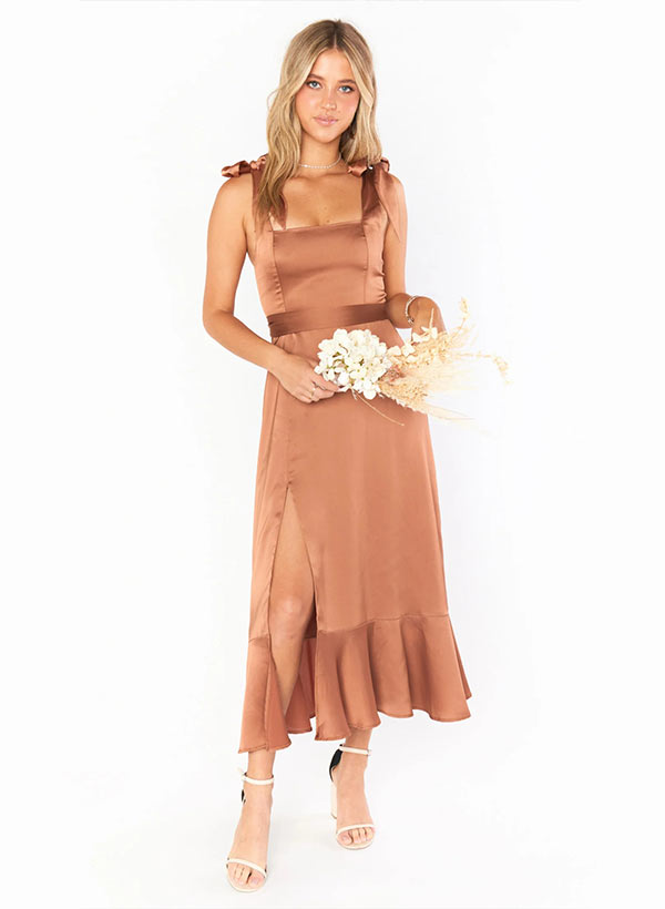 Square Neckline Sleeveless Ankle-Length Elastic Satin Bridesmaid Dresses With Bow