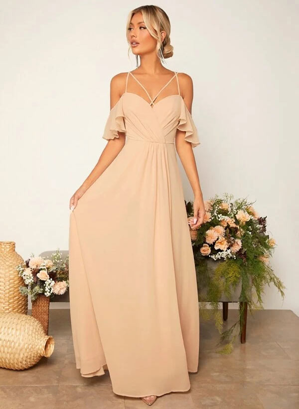 Short Sleeves Floor-Length Chiffon Bridesmaid Dresses With Ruffle