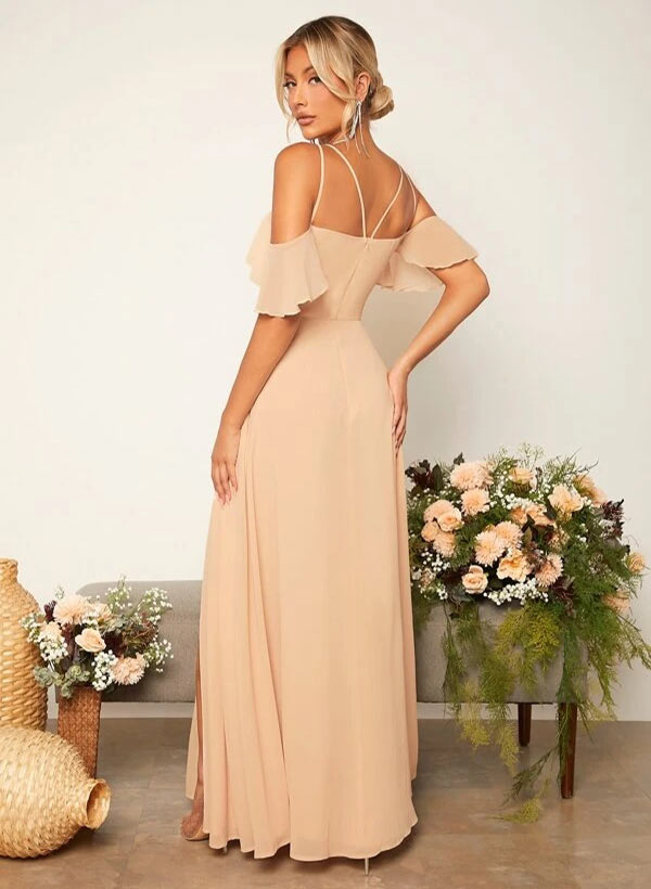 Short Sleeves Floor-Length Chiffon Bridesmaid Dresses With Ruffle