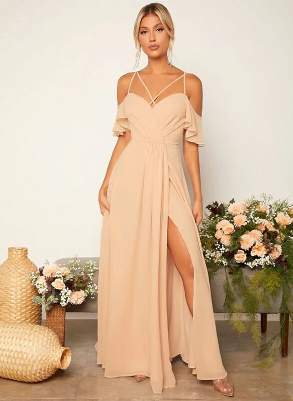 Short Sleeves Floor-Length Chiffon Bridesmaid Dresses With Ruffle