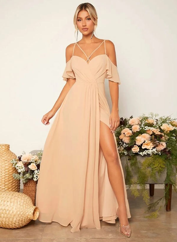 Short Sleeves Floor-Length Chiffon Bridesmaid Dresses With Ruffle