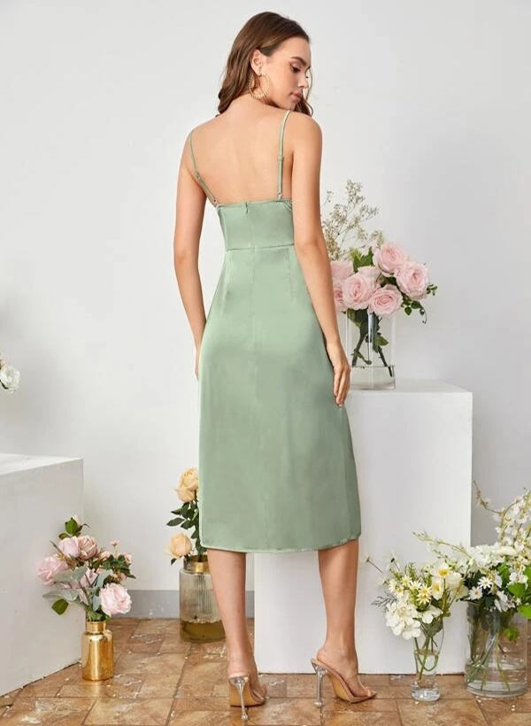 V-neck Sleeveless Tea-Length Satin Bridesmaid Dresses With Split Front