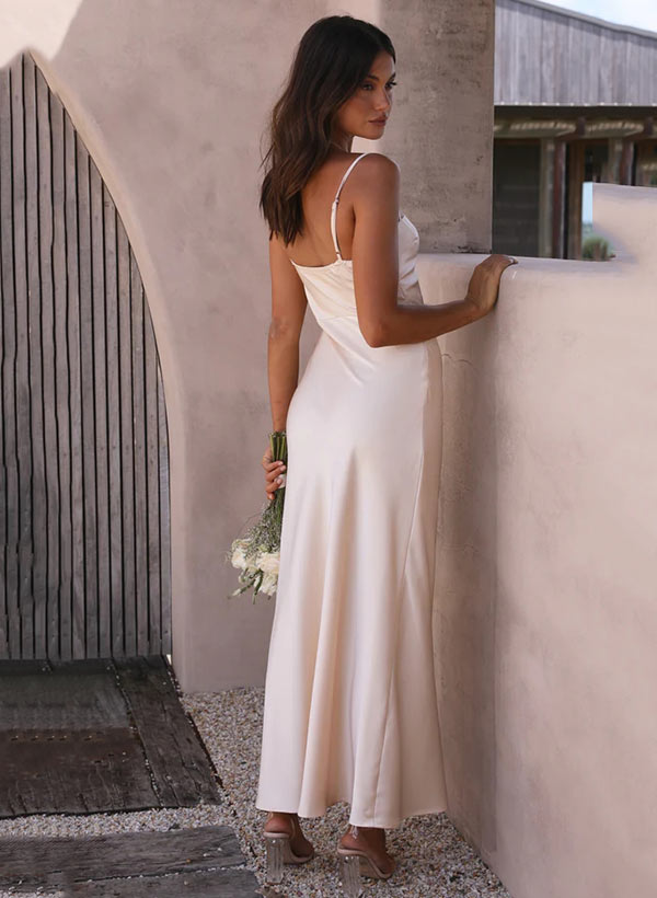 Sleeveless Tea-Length Charmeuse Bridesmaid Dresses with Split Front