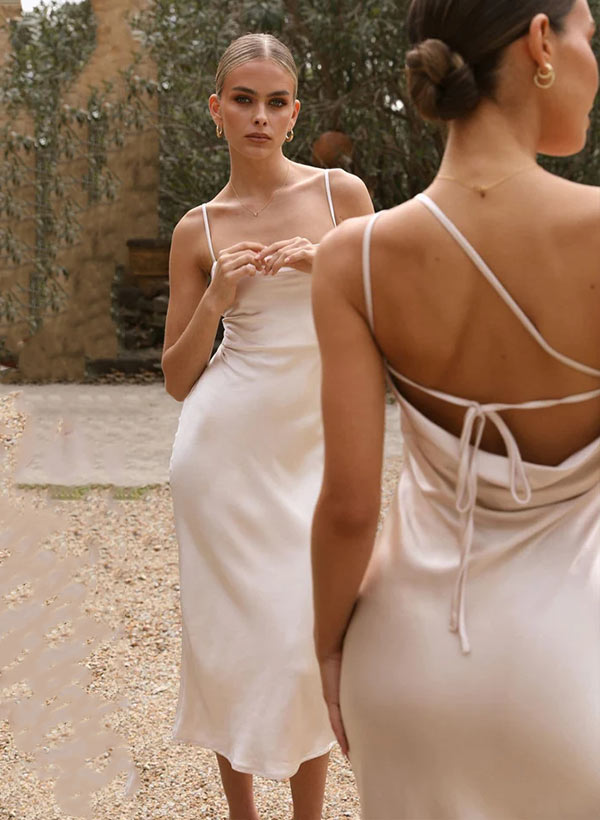 One-Shoulder Sleeveless Tea-Length Charmeuse Bridesmaid Dress