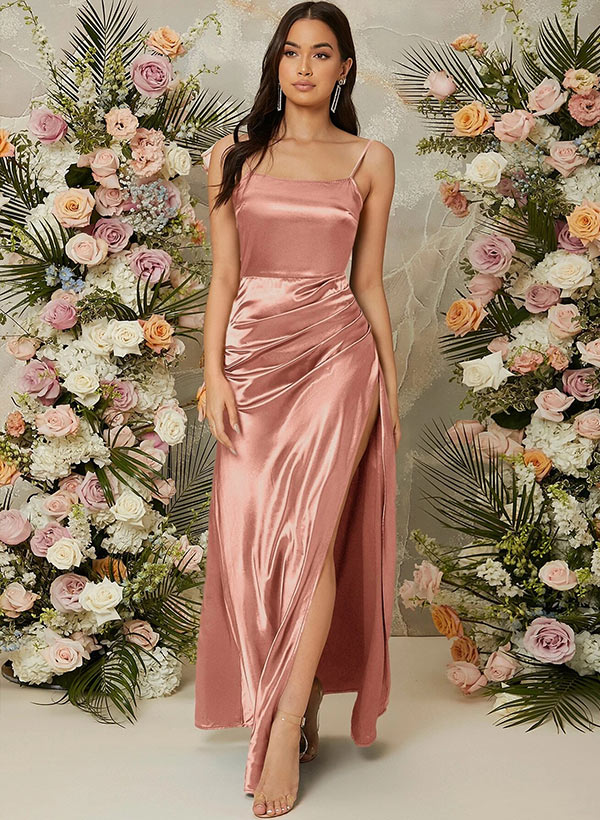 Sleeveless Floor-Length Charmeuse Bridesmaid Dresses With Split Front