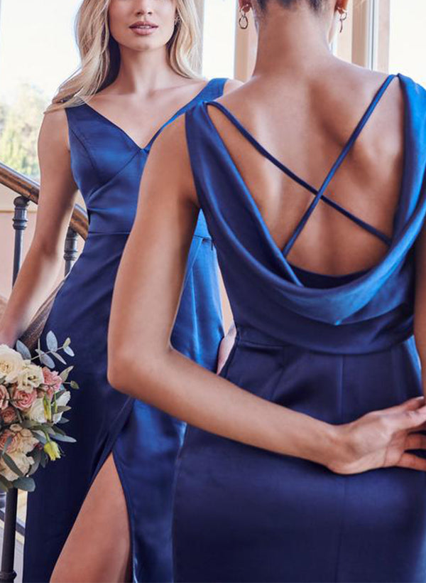 Satin Sexy Open Back Bridesmaid Dresses With Split Front