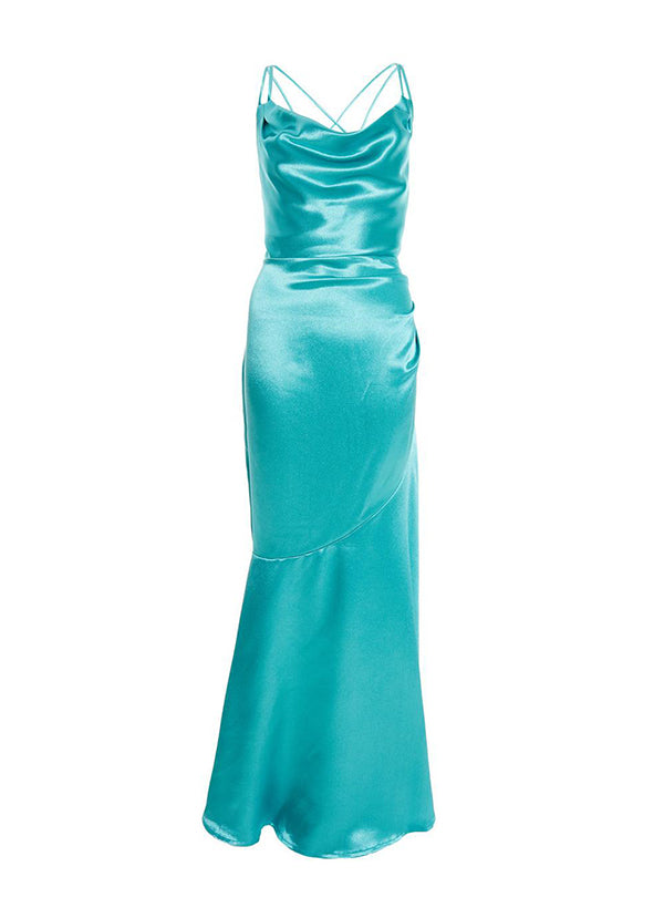 Cowl Neck Cross Back Floor-Length Satin Bridesmaid Dresses