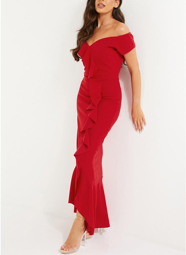 Off-the-Shoulder Chiffon Bridesmaid Dresses With Ruffle - Sheath/Column