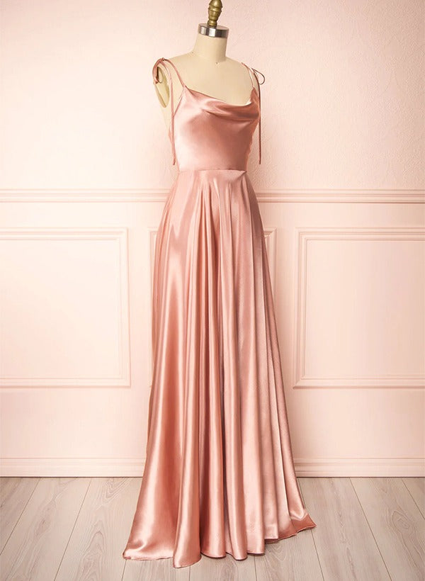 Satin Bridesmaid Dresses With High Split A-Line Cowl Neck Sexy Spaghetti Straps