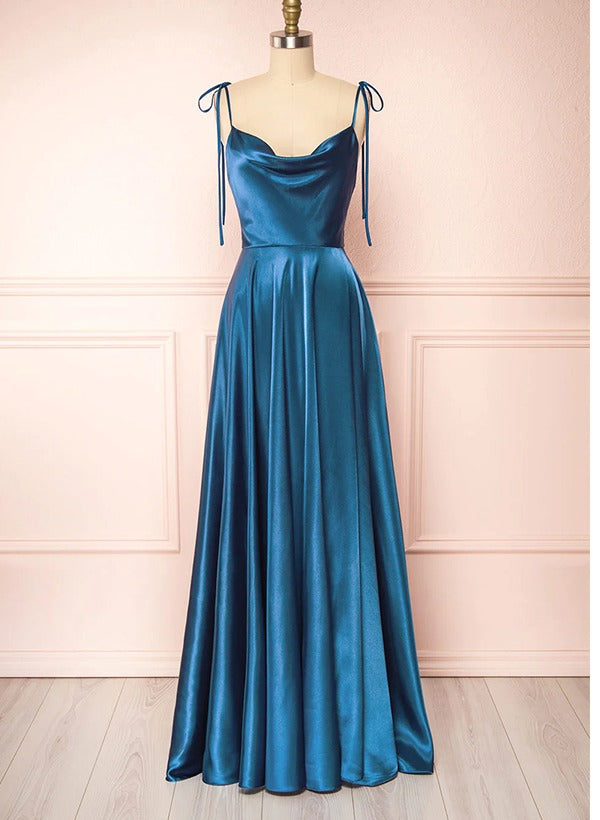 Satin Bridesmaid Dresses With High Split A-Line Cowl Neck Sexy Spaghetti Straps