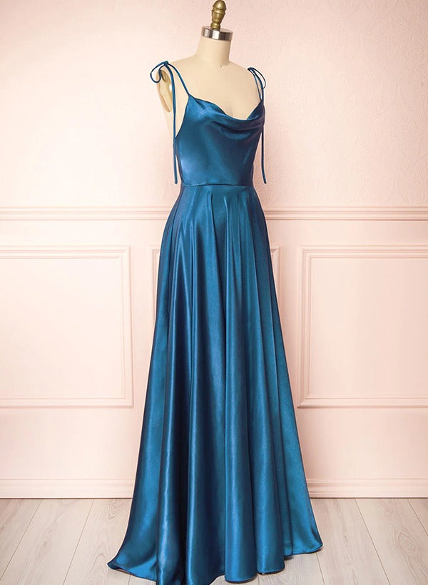 Satin Bridesmaid Dresses With High Split A-Line Cowl Neck Sexy Spaghetti Straps