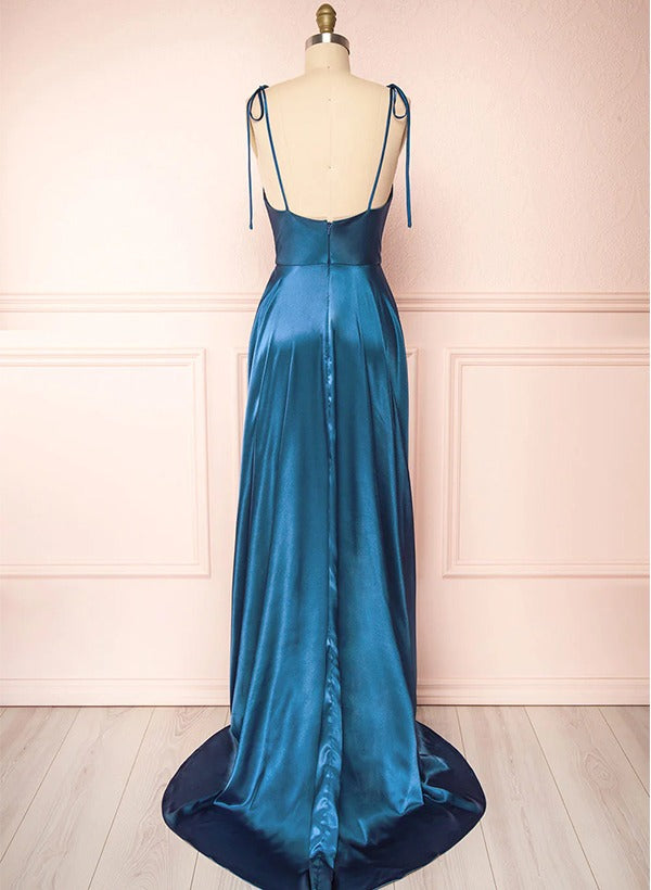 Satin Bridesmaid Dresses With High Split A-Line Cowl Neck Sexy Spaghetti Straps