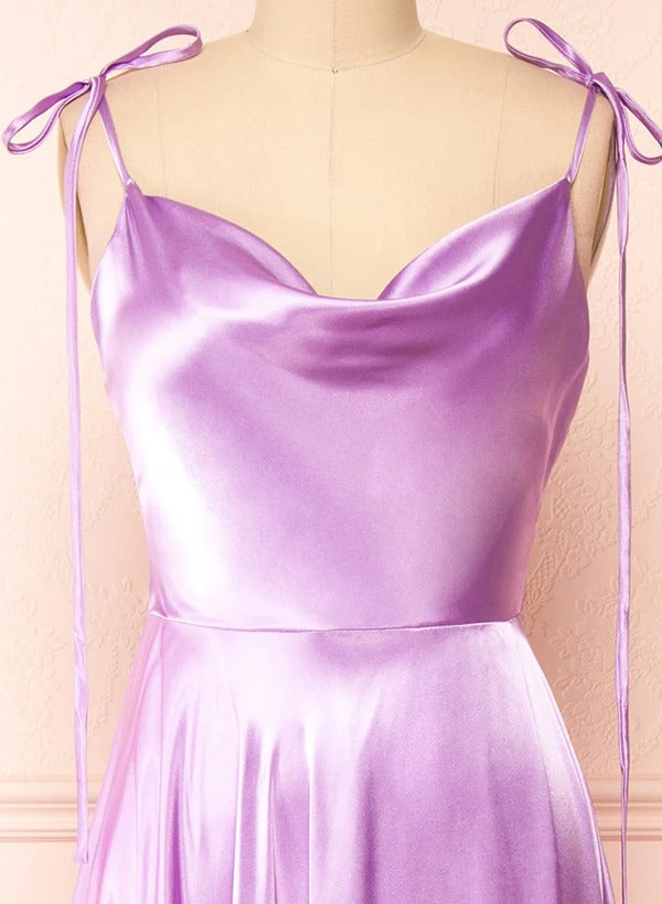 Satin Bridesmaid Dresses With High Split A-Line Cowl Neck Sexy Spaghetti Straps