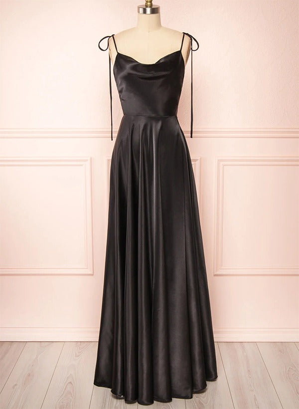 Satin Bridesmaid Dresses With High Split A-Line Cowl Neck Sexy Spaghetti Straps