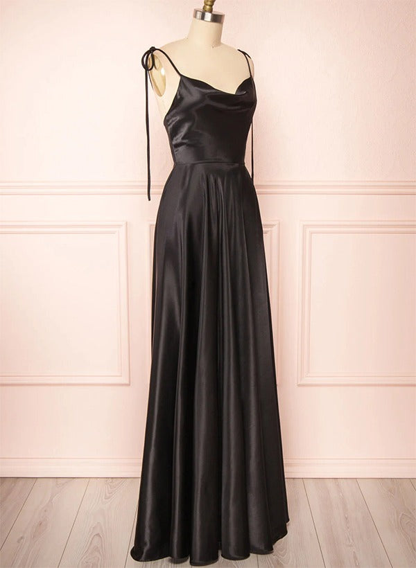 Satin Bridesmaid Dresses With High Split A-Line Cowl Neck Sexy Spaghetti Straps