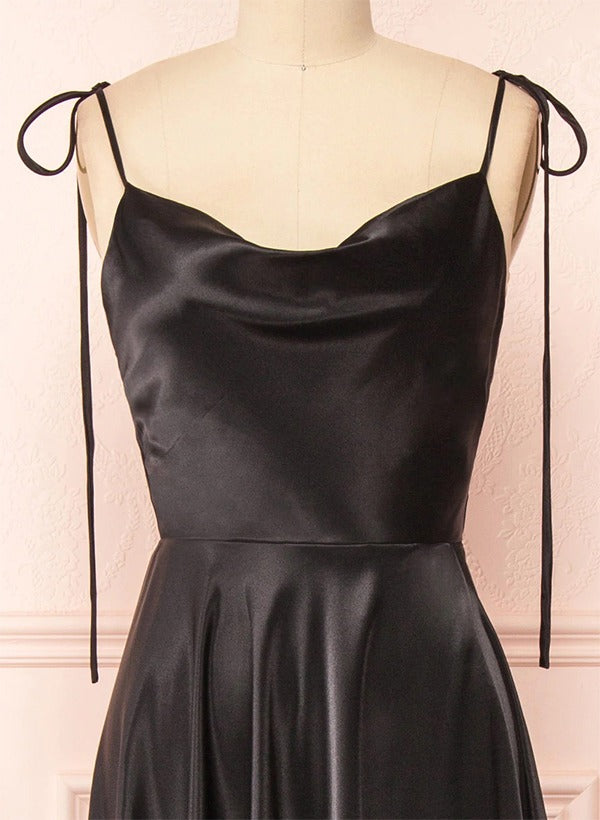 Satin Bridesmaid Dresses With High Split A-Line Cowl Neck Sexy Spaghetti Straps