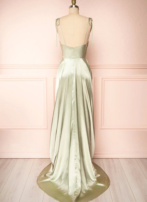 Cowl Neck Sexy Spaghetti Straps Satin Bridesmaid Dresses With High Split